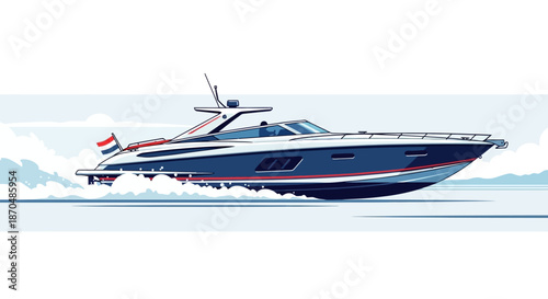 Modern yacht speeding through the water with Dutch flag