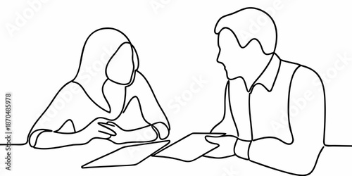Line art illustration of a couple seated and engaged in conversation