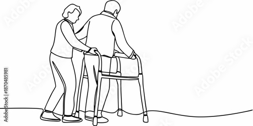 A caring companion assists an elderly man using a walking aid