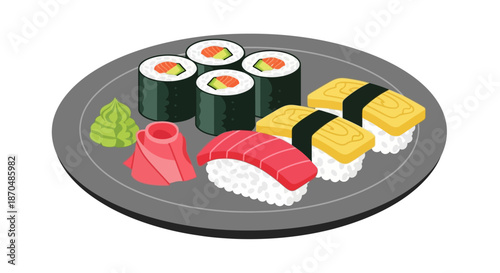 Illustration of a plate of sushi with nigiri and maki rolls