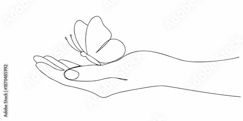A delicate butterfly resting gently on an open human hand line art