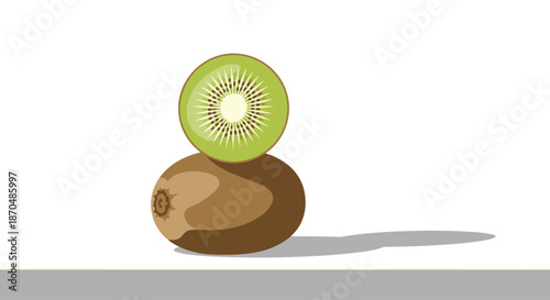 Fresh kiwi fruit slice stacked on whole kiwi against a white background