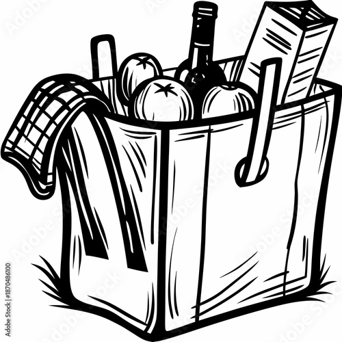 A black and white illustration of a picnic basket filled with food items
