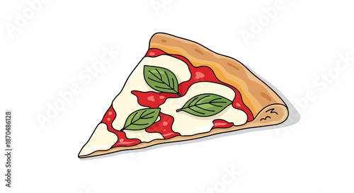 A delicious slice of pizza with cheese, tomato sauce and basil leaves.