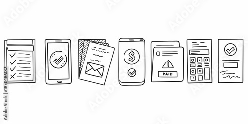 Sketch of various smartphone screens displaying different app interfaces