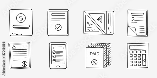 Hand drawn set of financial icons money bills checks and payment