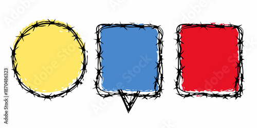 Three colorful speech bubbles with barbed wire edges illustration