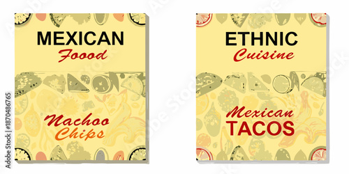 Colorful promotional designs for mexican food and ethnic tacos are displayed