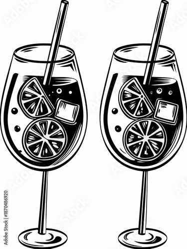 Two glasses of refreshing beverage with lemon and ice a black and white illustration