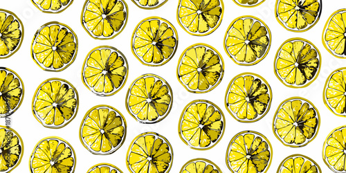 A vibrant pattern of sliced lemons creating a cheerful and summery design