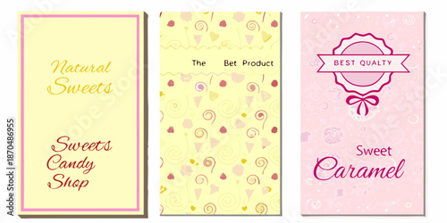 Colorful candy shop label designs with floral and sweet patterns