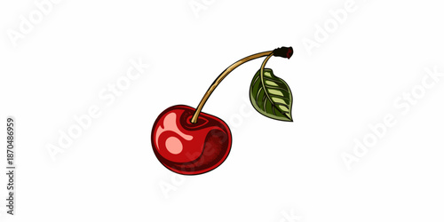 A single vibrant red cherry with a green stem and leaf illustration