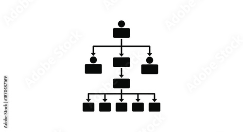 A minimalist organizational chart displaying a hierarchical structure with boxes and lines a stark silhouette