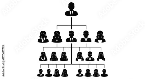 a hierarchical organizational structure depicted with multiple figures in a black and white silhouette