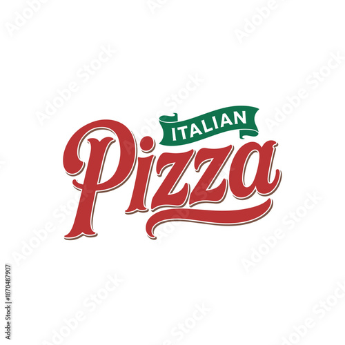 Italian Pizza Logo with Red Cursive Typography and Green Banner on Clean White Background