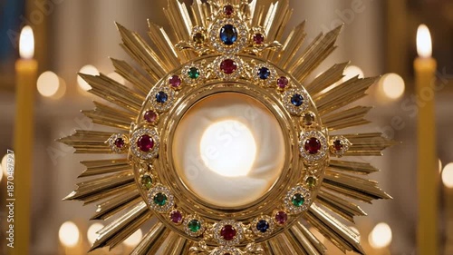 Close-up of an ornate golden monstrance displaying the Holy Eucharist, representing spiritual devotion and sacred presence within a reverent worship setting