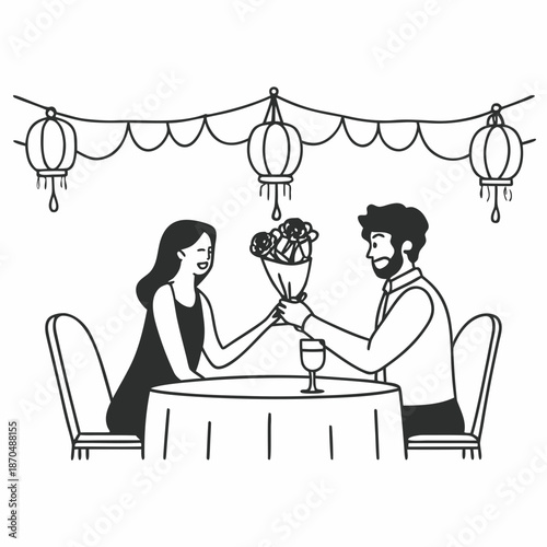 Celebrating Anniversary. Cheerful african american man giving bouquet of red roses to his happy woman. Lady receiving bunch of flowers during romantic dinner in luxury restaurant or at home