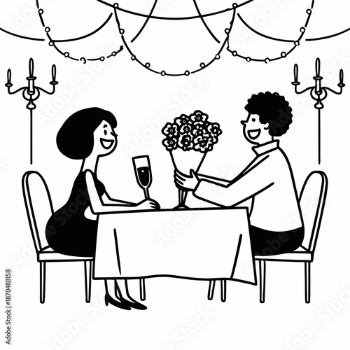 Celebrating Anniversary. Cheerful african american man giving bouquet of red roses to his happy woman. Lady receiving bunch of flowers during romantic dinner in luxury restaurant or at home