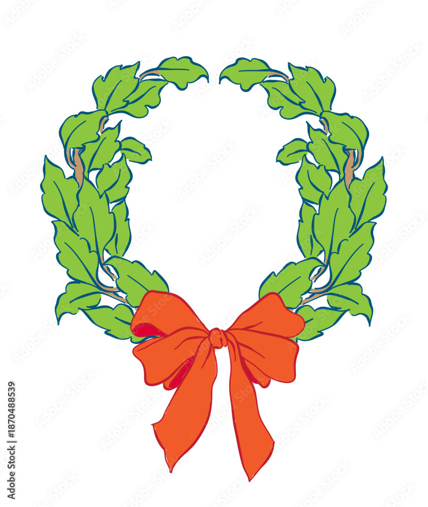 Fototapeta premium Laurels wreath frames branches with bow and ribbon, Whimsical drawing Flowers and leaves frame, element for invitations, greeting cards, scrapbooking, sticker, decorative etc.