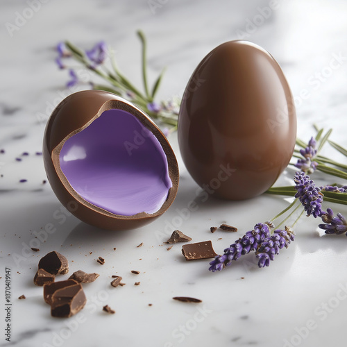 Gourmet chocolate egg cracked open to show a vibrant purple lavender filling, decorated with fresh lavender sprigs and chocolate crumbles on white marble.