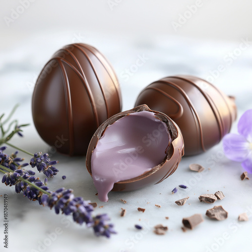 Close-up of gourmet milk chocolate eggs, one broken open to reveal smooth lavender cream filling, decorated with fresh lavender flowers on a marble surface.