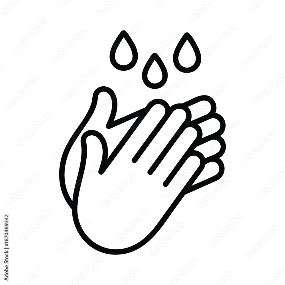 Fototapeta premium Hand Washing Icon with Water Drops Hygiene and Sanitation Symbol Isolated on White Background
