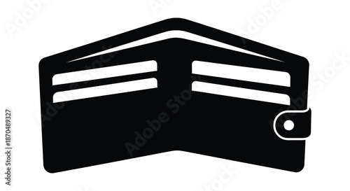 An open black wallet with card slots and a snap closure presented as a silhouette