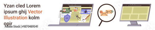 Cybersecurity, spam detection, data protection, online communication, email analysis, network security. Illustration showing computer screens, magnifying glass examining an email. Cybersecurity
