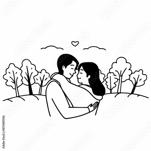 Close up of a beautiful young happy couple in love embracing while spending time in the autumn park