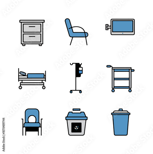Medical icons hospital equipment and supplies illustrated on black