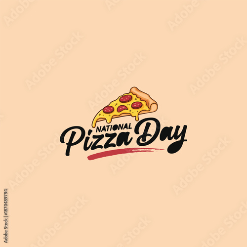 National Pizza Day Celebration with Delicious Slice Illustration on Light Peach Background