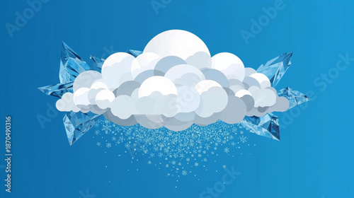 Illustration of a cloud formation with falling snow or ice particles, flanked by large ice crystals against a blue background.