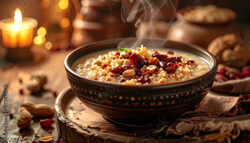Authentic Laba Festival food with steaming hot multigrain porridge in a cozy atmosphere