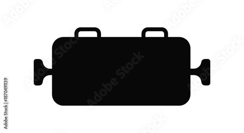 A simple black outline depicting a rectangular container with handles a distinctive silhouette