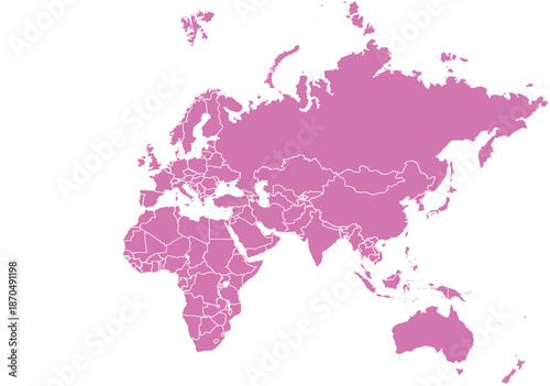 Pink world map illustration continents and countries outlined on a white background global geography concept for travel and business