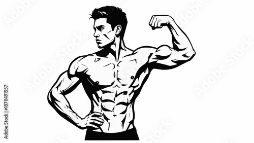 Muscular Man Posing Showing Biceps and Abs Black and White Illustration.