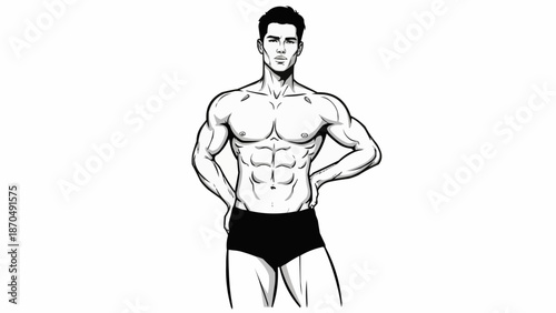 Muscular Man Posing Confidently in Black Underwear Line Art.
