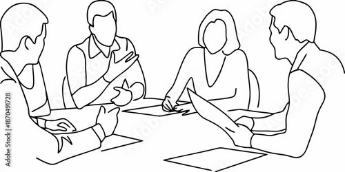 A simple line drawing depicts four people seated around a table in discussion