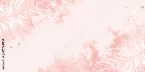 Soft pink watercolor floral background with golden sparkling accents and flourishes