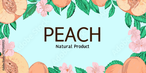 A vibrant illustration of peaches blossoms and leaves with the word peach