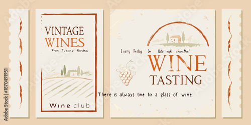Vintage wine labels and tasting event promotional cards with scenic illustrations