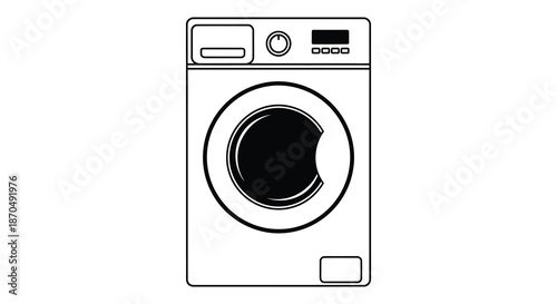 A black and white line drawing depicts a modern front loading washing machine silhouette