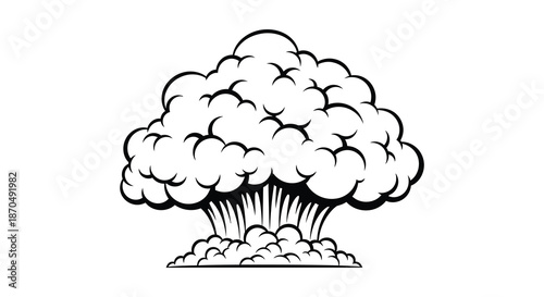 A dramatic black and white illustration depicts a large mushroom cloud showcasing an atomic blast silhouette