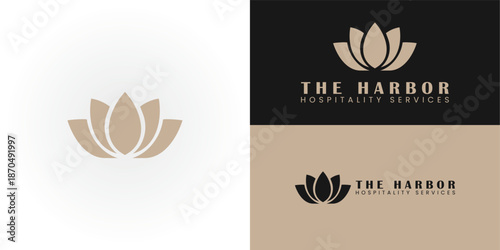 The minimalist tan lotus silhouette signifies tranquility, rebirth, and premium service in the hospitality industry. Its modern, calming aesthetic is ideal for high-end wellness or hotel branding.