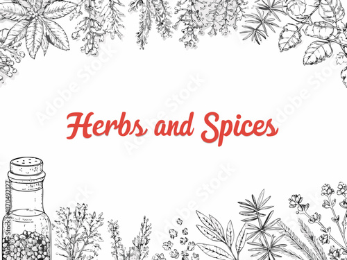 Botanical illustration featuring herbs spices and a spice jar with text overlay