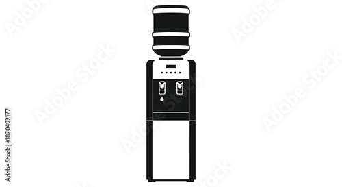 A sleek black and white illustration of a water cooler appliance depicted as a silhouette