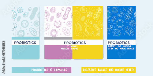 Probiotics and gut health colorful designs featuring various bacterial shapes