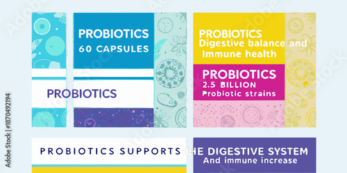 Colorful probiotic supplement packaging designs with health benefit claims displayed