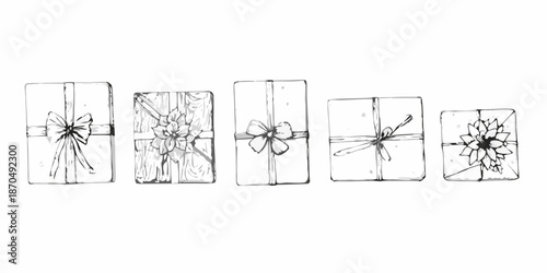A collection of sketch style gift boxes with decorative ribbons and bows