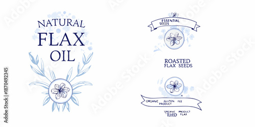 Illustrative design featuring flax oil seeds and floral elements in a vintage style
